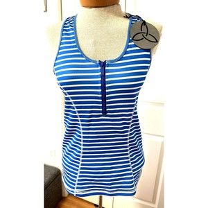 NEW Vie Active Women Fitness Tank Top Medium Blue White Stripe Racer Back